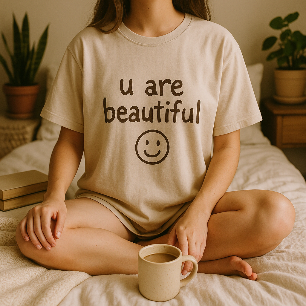 A girl sitting with a cup of tee wearing an oversized T-Shirt "u are beautiful" written on t-shirt with a smile emoji.