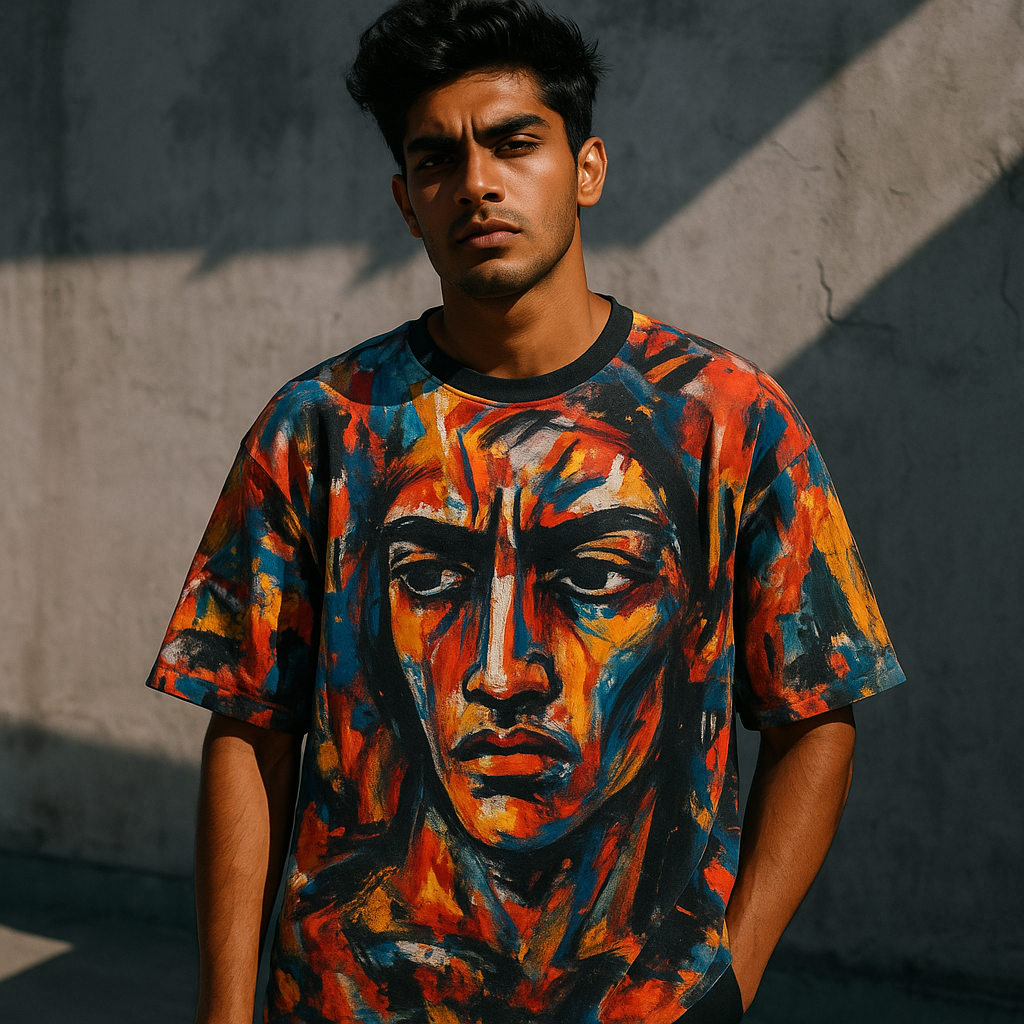 A young man posing for a photo with his all over print tee with one hand in pocket and another freely hanging.