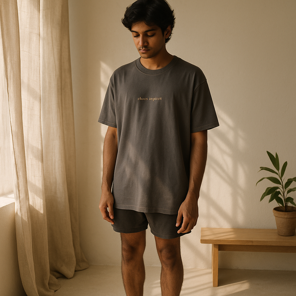 Young Indian person wearing a muted oversized t-shirt with 'chaos in piece' printed subtly, standing calmly in a minimal sunlit room. The soft lighting, flowing curtains, and neutral tones reflect emotional balance and wearable stillness.