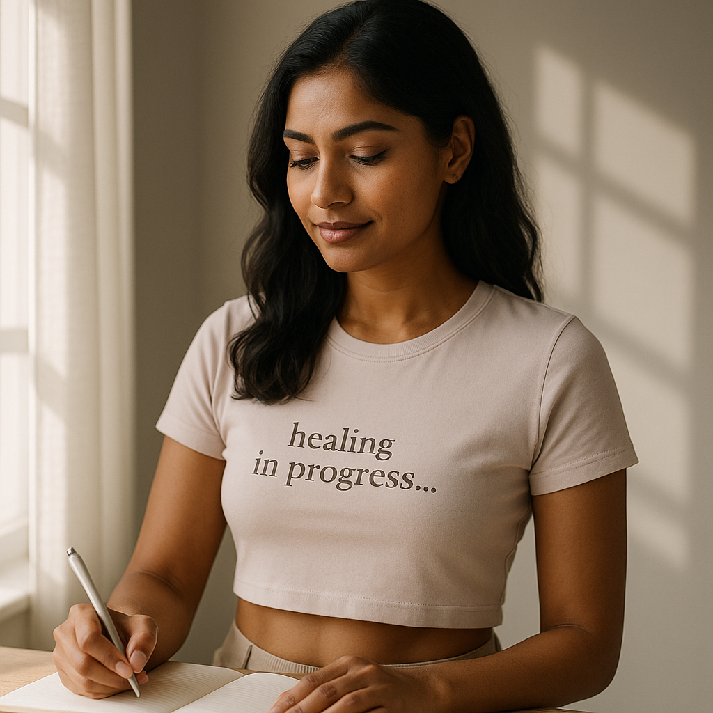 A girl with a subtle smile writing a journal and wearing a crop tee with "Healing In Progress..."written on top.