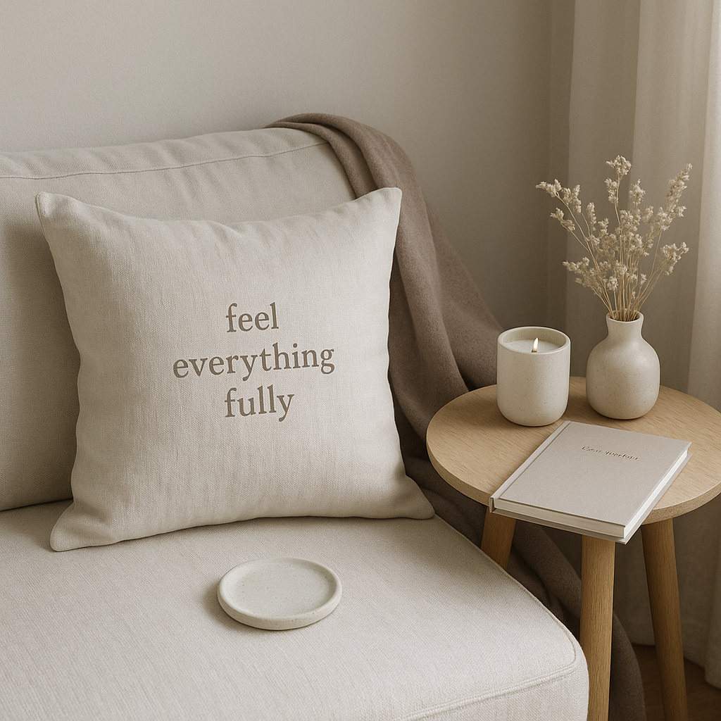 "A calming interior corner with a quote pillow, emotional daily planner, and ceramic coaster arranged on a soft linen backdrop. Natural sunlight and muted tones reflect a peaceful, mindful lifestyle."
