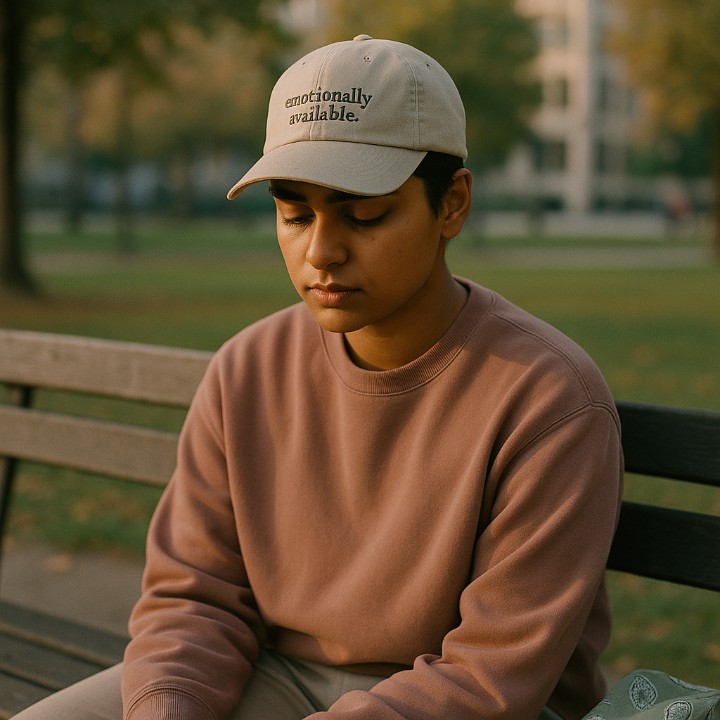 a man sitting on a desk in park featuring selfstylewear headwear that is cap with emotionally available text embroidered on it.