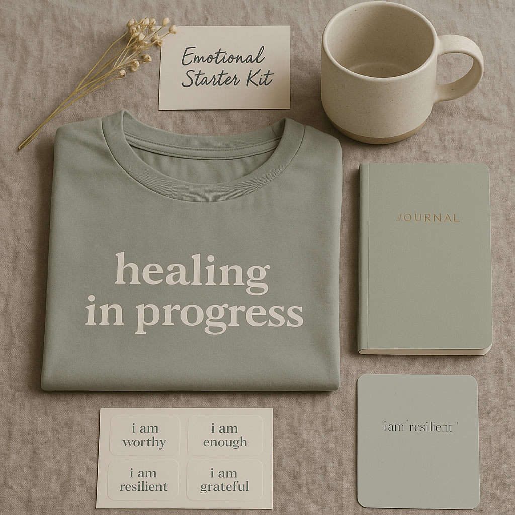 a starter pack of the healing club. in this starter pack a healing in progress tee with a journal, a mug, a5 poster and some healing quotes are placed.