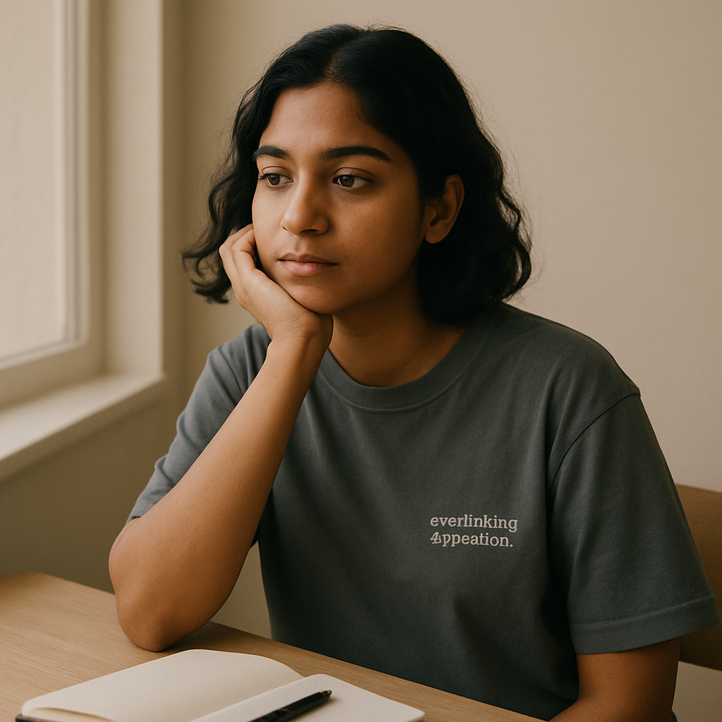 A young girl sitting near a window looks like she is overthinking with her hand on her cheek supporing her face. She is wearing a black tshirt and an open notebook is placed on a desk.