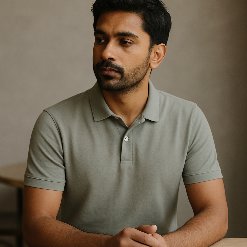 A young man sitting in side posture wearing a polo t-shirt.