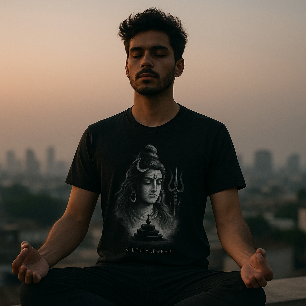 A young man meditating away from city cohort and he looks peaceful with deep meditation.He is wearing a selfstylewear's soulware 001 edition tee on which a powerful image of lord Shiva is depicted.