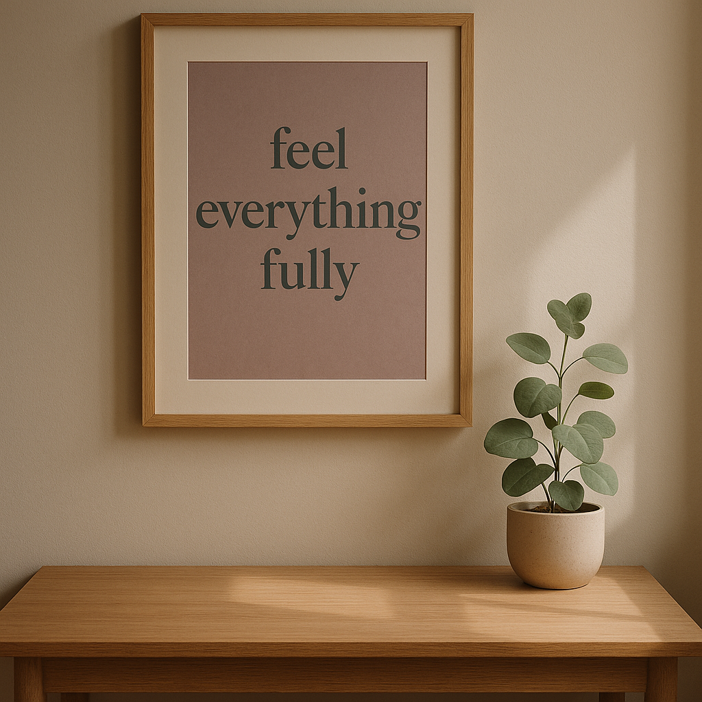 A wall art depicting a quote "feel everything fully" on a wall above the table and on the table a small vase is kept representing serenity.