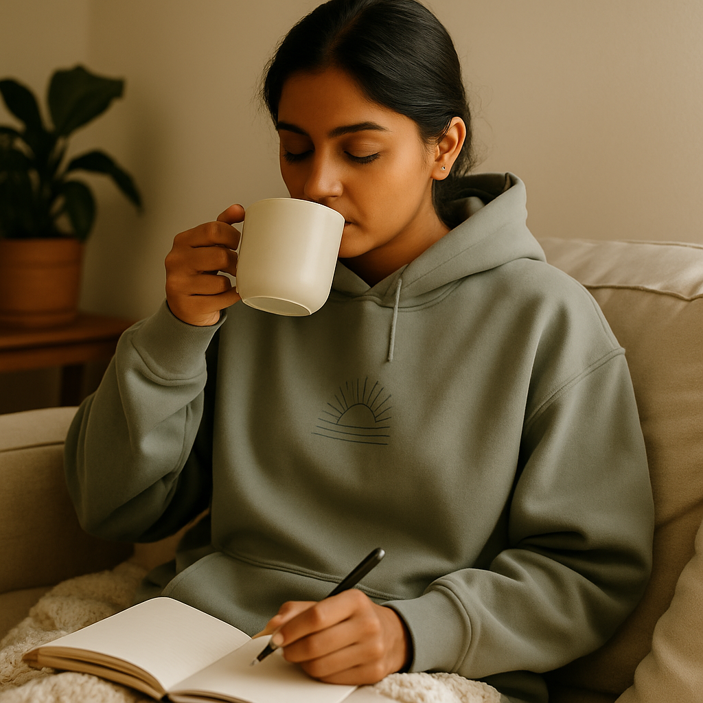 A young girl sitting on a couch wearing hoodie with a minimalistic sun vector design in front sipping from a tea cup and seems like writing journal.