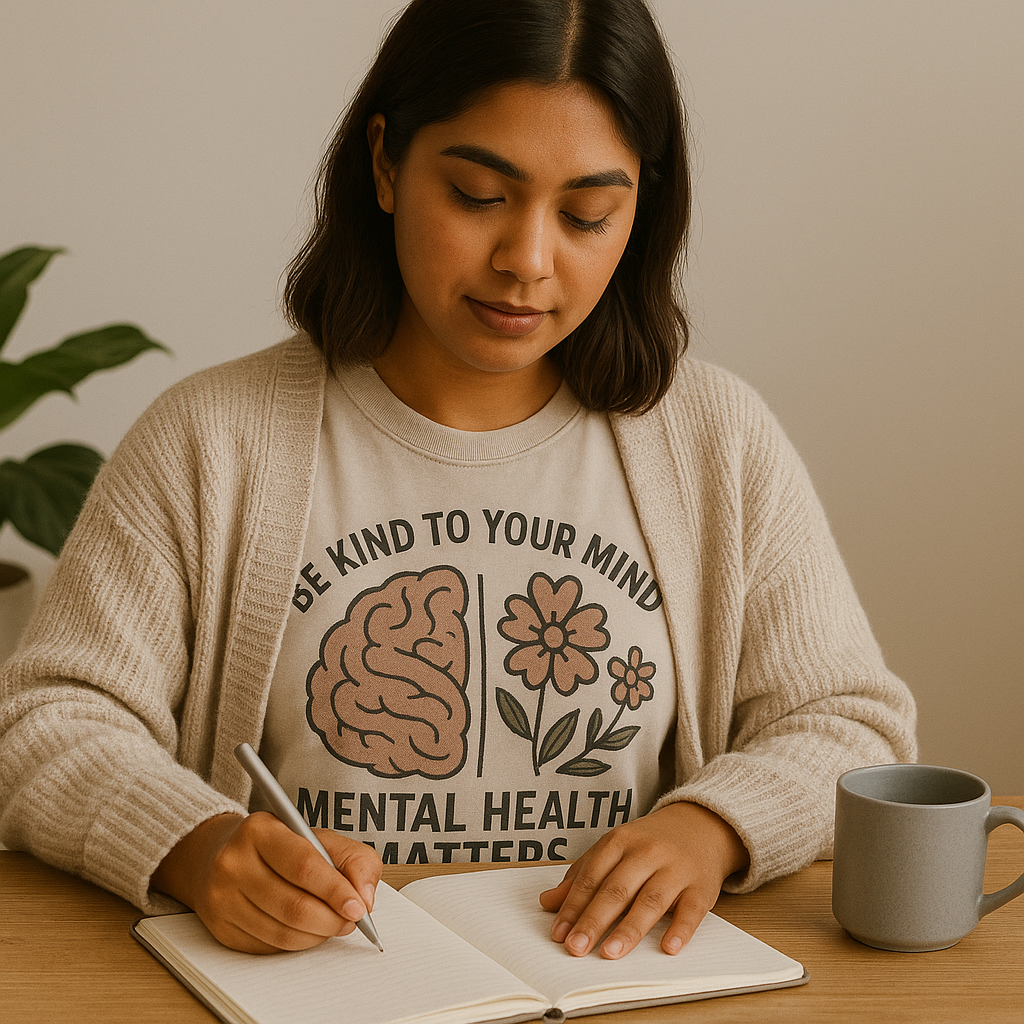 Woman writing in a notebook with a shirt that promotes mental health awareness.