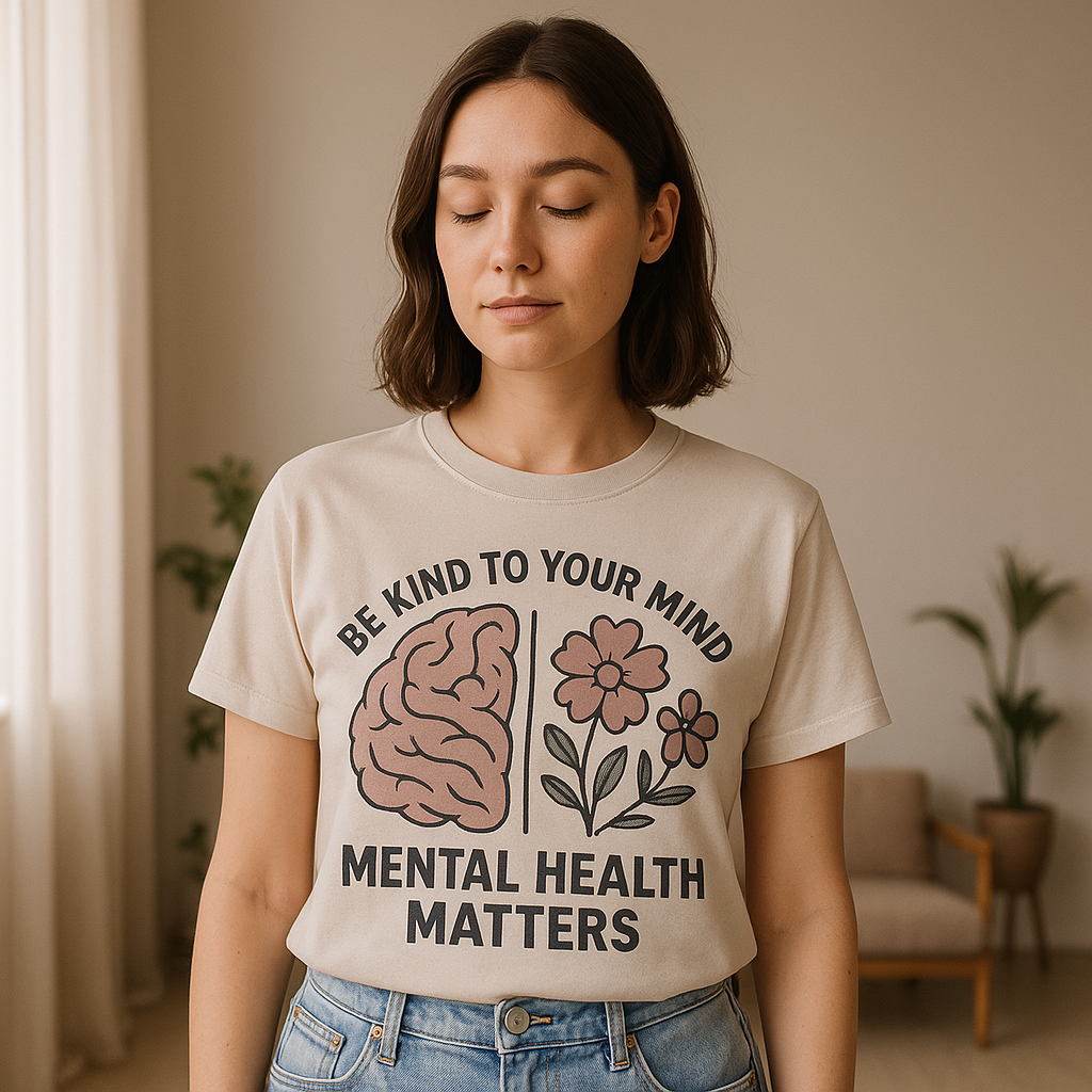 Woman wearing a t-shirt with a mental health message in a room.
