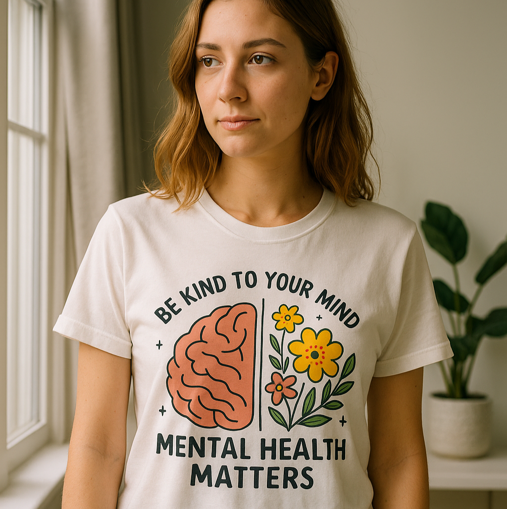 Young woman wearing a white “Be Kind to Your Mind – Mental Health Matters” t-shirt, standing near a sunlit window with indoor plants and minimal decor, promoting mental health awareness and mindfulness fashion.